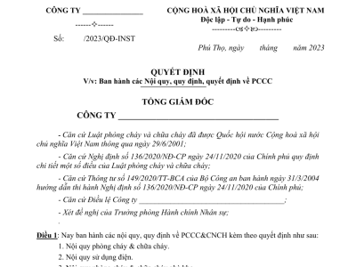 Quyết định ban hành về nội quy PCCC (Tham khảo)
